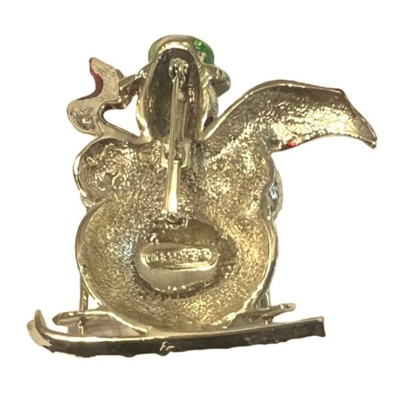 Vtg Christmas Brooch Pin Snowman Skier Rhinestone eyes buttons Holiday Signed - Picture 3 of 4